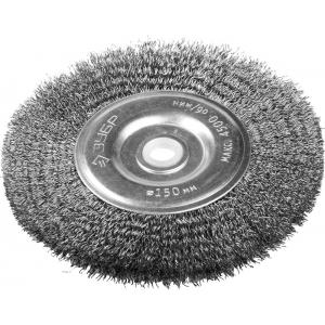 Щетка "ЭКСПЕРТ" дисковая для точильно-шлифовального станка, витая стальная проволока 0.3 мм, 150/12.7мм, ЗУБР, 35185-150_z01